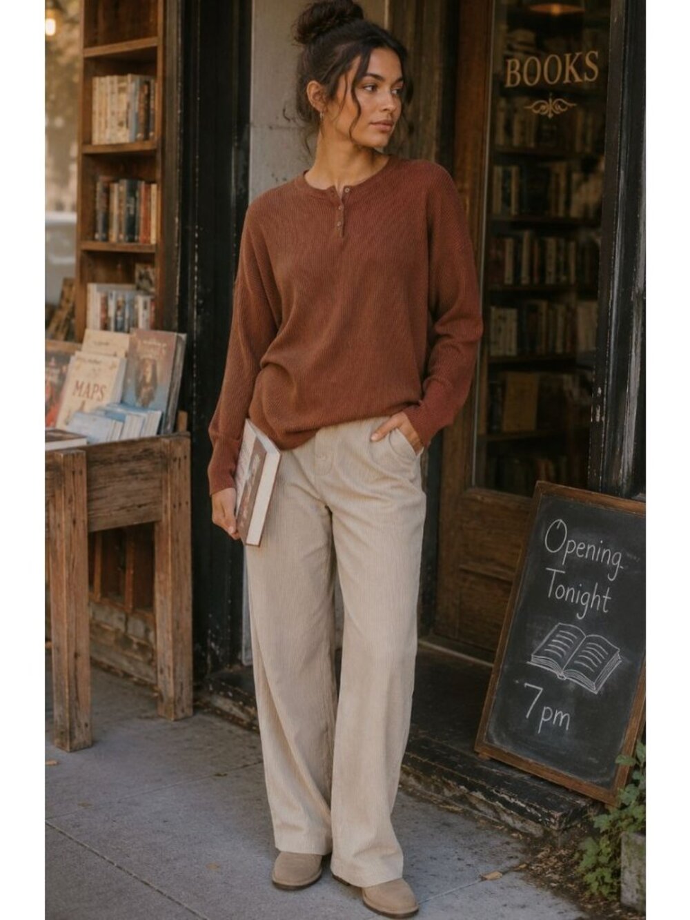 Lunya Restore Thermal Button Front Henley Ground Cinnamon Heather M